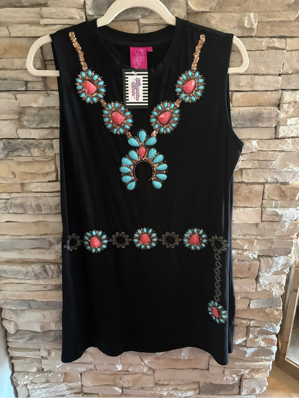 NWT, QUEEN OF SPARKLES Black Mini Dress with Turquoise & Coral Beading Size M